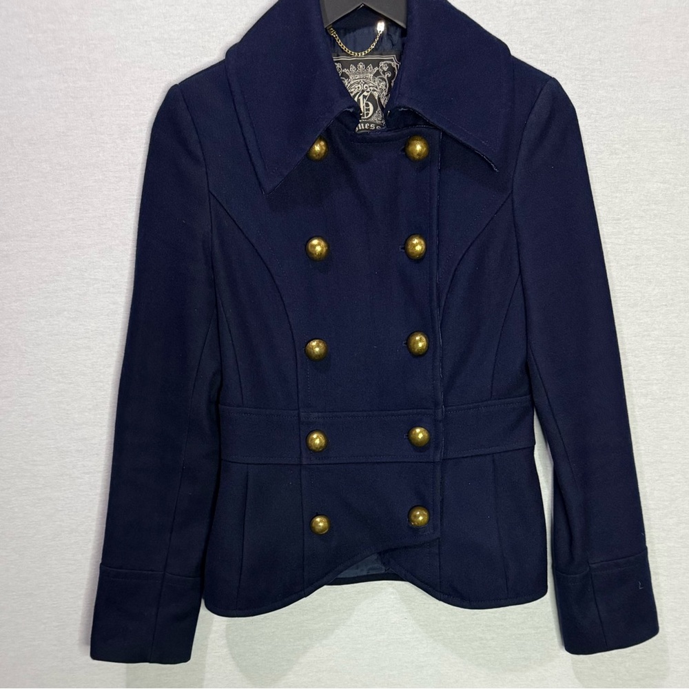 GUESS Navy Blue Military Style Peacoat with Velvet Lining & Brass Buttons